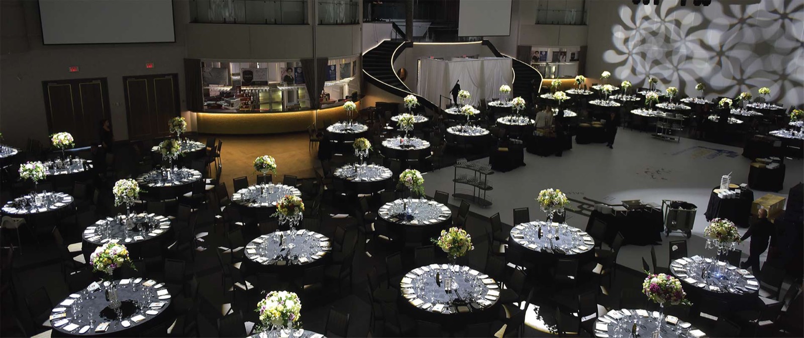 Paramount ballroom with the cascading staircase and round tables
